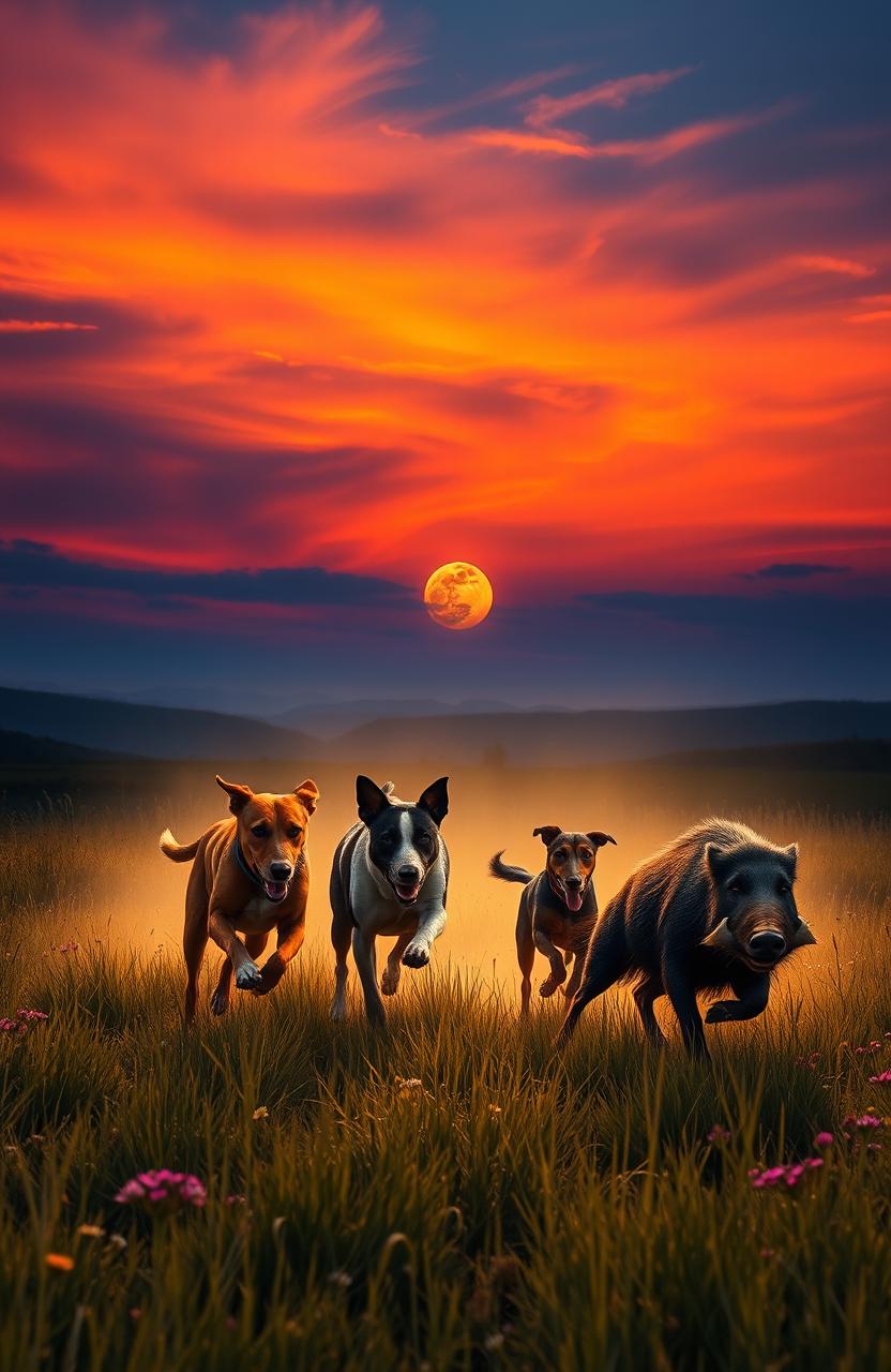 A thrilling scene of dogs energetically chasing a wild boar under a dramatic sky, showcasing a stunning sunset with vibrant oranges, pinks, and purples blending into the deep blue of twilight