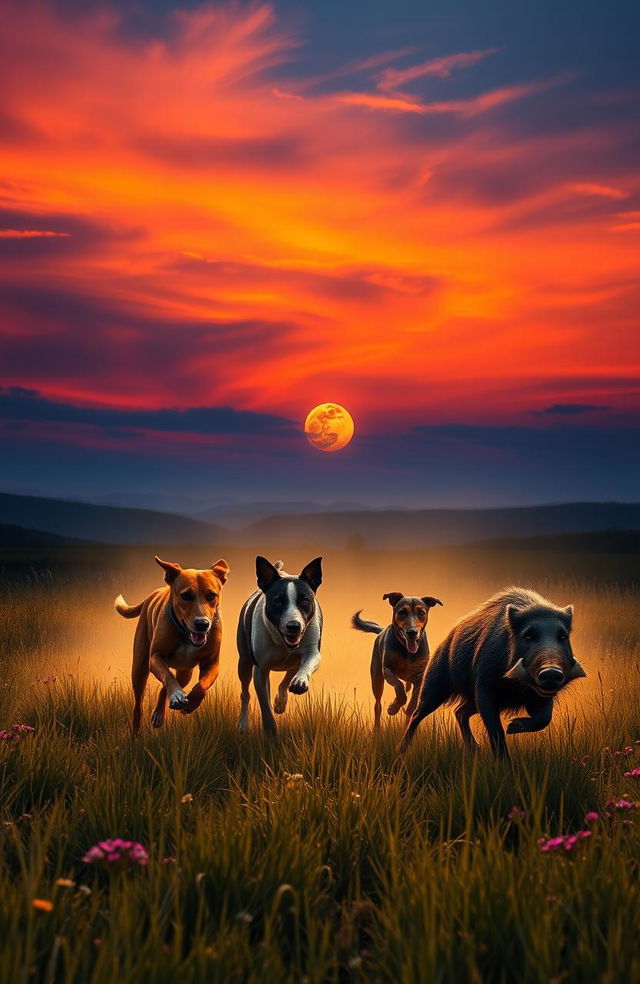 A thrilling scene of dogs energetically chasing a wild boar under a dramatic sky, showcasing a stunning sunset with vibrant oranges, pinks, and purples blending into the deep blue of twilight