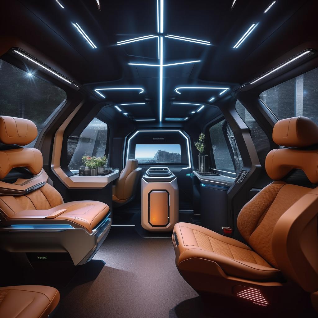 The rear cabin of a state-of-the-art, futuristic van, brimming with high-end luxuries and advanced tech gadgets.