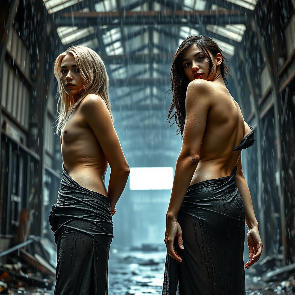 A photorealistic image of two athletic women, one with blonde hair and the other with dark hair, showcasing their visible abdominal muscles in a dramatic scene set in an old iron factory