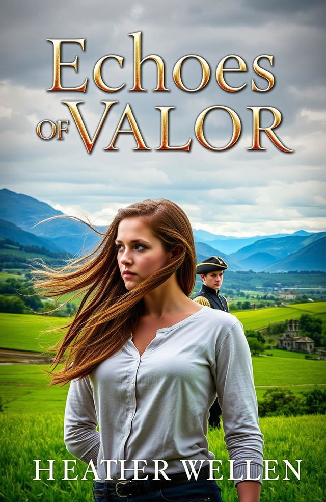 A book cover for 'Echoes of Valor', featuring a young woman named Heather with flowing brown hair, wearing modern clothing