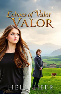 A book cover for 'Echoes of Valor', featuring a young woman named Heather with flowing brown hair, wearing modern clothing