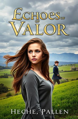 A book cover for 'Echoes of Valor', featuring a young woman named Heather with flowing brown hair, wearing modern clothing