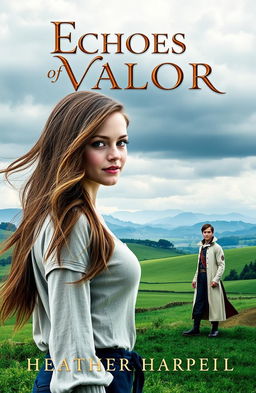 A book cover for 'Echoes of Valor', featuring a young woman named Heather with flowing brown hair, wearing modern clothing