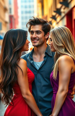A romantic love triangle scene between two beautiful women and a handsome man