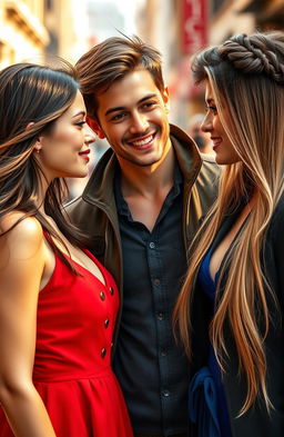 A romantic love triangle scene between two beautiful women and a handsome man
