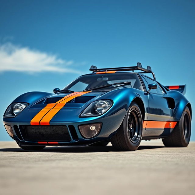 A custom car inspired by the chassis of a Ford GT40, featuring the aggressive front bumper design taken from the Lancia Stratos