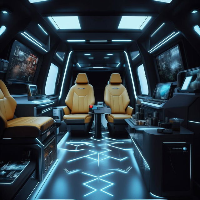 The rear cabin of a state-of-the-art, futuristic van, brimming with high-end luxuries and advanced tech gadgets.