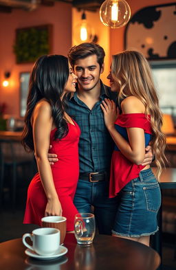 A passionate love triangle scene featuring two beautiful women and a handsome man, set in a cozy, romantic café with warm lighting