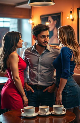 A passionate love triangle scene featuring two beautiful women and a handsome man, set in a cozy, romantic café with warm lighting