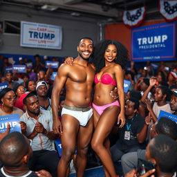 A bold and vibrant scene showcasing Alex, a black man, and his stunning black transgender partner, both confidently standing in their underwear at a lively presidential campaign event