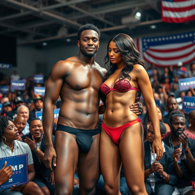 A bold and vibrant scene showcasing Alex, a black man, and his stunning black transgender partner, both confidently standing in their underwear at a lively presidential campaign event