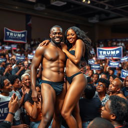A bold and vibrant scene showcasing Alex, a black man, and his stunning black transgender partner, both confidently standing in their underwear at a lively presidential campaign event