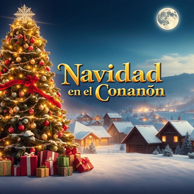 Un elegante poster de una película navideña, con elementos clásicos como un enorme árbol de navidad decorado, luces brillantes, y regalos envueltos de manera colorida