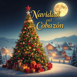 Un elegante poster de una película navideña, con elementos clásicos como un enorme árbol de navidad decorado, luces brillantes, y regalos envueltos de manera colorida
