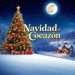 Un elegante poster de una película navideña, con elementos clásicos como un enorme árbol de navidad decorado, luces brillantes, y regalos envueltos de manera colorida