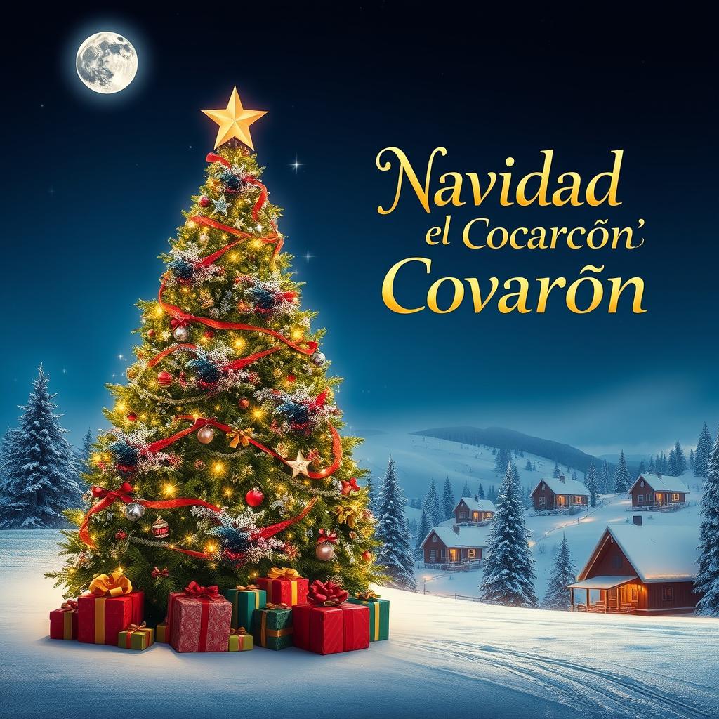 Un elegante poster de una película navideña, con elementos clásicos como un enorme árbol de navidad decorado, luces brillantes, y regalos envueltos de manera colorida