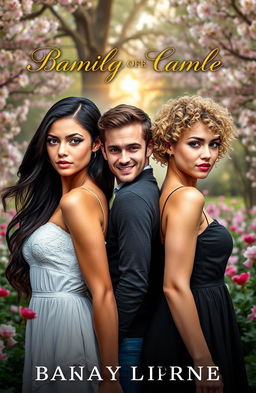 A captivating book cover for a Romance-family novel, featuring two strikingly beautiful sisters with contrasting appearances, one with long flowing dark hair and the other with short curly blonde hair