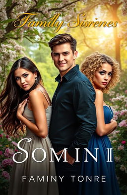 A captivating book cover for a Romance-family novel, featuring two strikingly beautiful sisters with contrasting appearances, one with long flowing dark hair and the other with short curly blonde hair