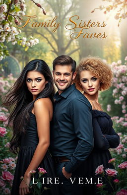 A captivating book cover for a Romance-family novel, featuring two strikingly beautiful sisters with contrasting appearances, one with long flowing dark hair and the other with short curly blonde hair