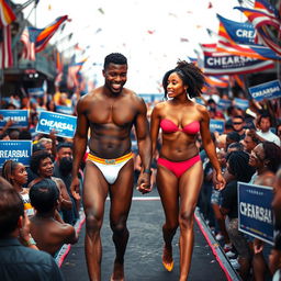 A bold and uplifting scene featuring Alex, a black man, and his beautiful black transgender partner, both confidently standing in their underwear amidst a vibrant presidential campaign event