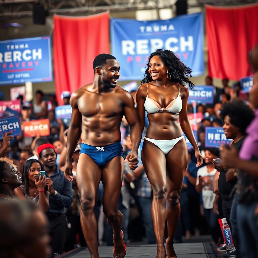 A bold and uplifting scene featuring Alex, a black man, and his beautiful black transgender partner, both confidently standing in their underwear amidst a vibrant presidential campaign event