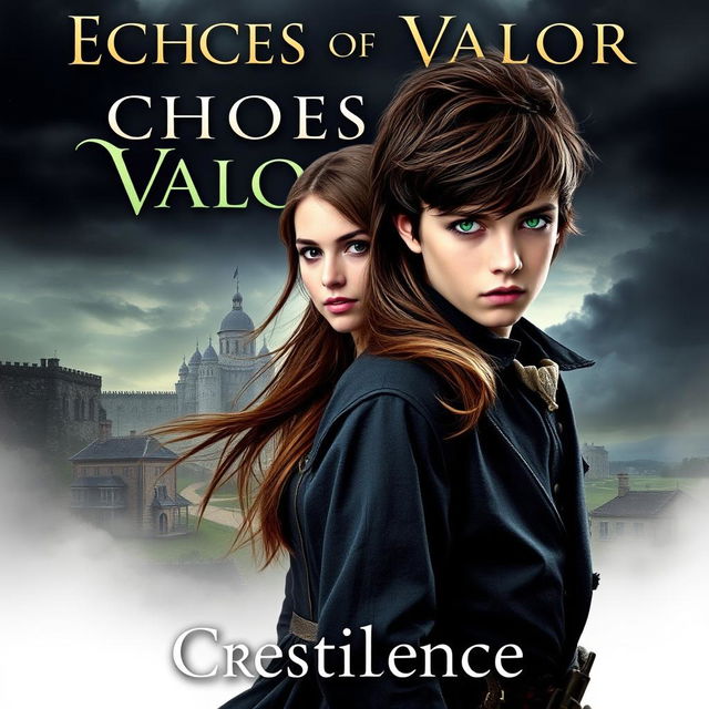 A captivating book cover for 'Echoes of Valor' by Crestilence, featuring a young woman named Heather, who has an adventurous and determined expression