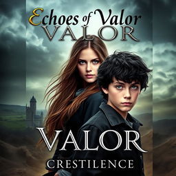 A captivating book cover for 'Echoes of Valor' by Crestilence, featuring a young woman named Heather, who has an adventurous and determined expression