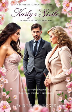 A captivating book cover for a romance-family novel featuring a dramatic rivalry between two elegant sisters and a handsome man