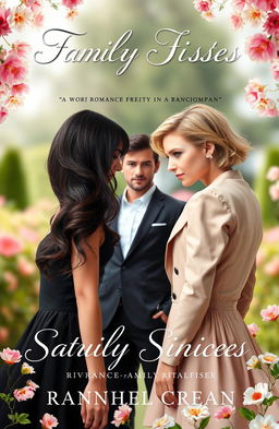 A captivating book cover for a romance-family novel featuring a dramatic rivalry between two elegant sisters and a handsome man