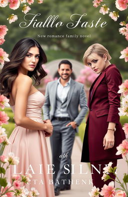 A captivating book cover for a romance-family novel featuring a dramatic rivalry between two elegant sisters and a handsome man