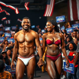 A powerful and liberating scene featuring Alex, a black man, and his beautiful black transgender partner, both standing confidently in their underwear at a vibrant presidential campaign event