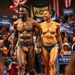 A powerful and liberating scene featuring Alex, a black man, and his beautiful black transgender partner, both standing confidently in their underwear at a vibrant presidential campaign event