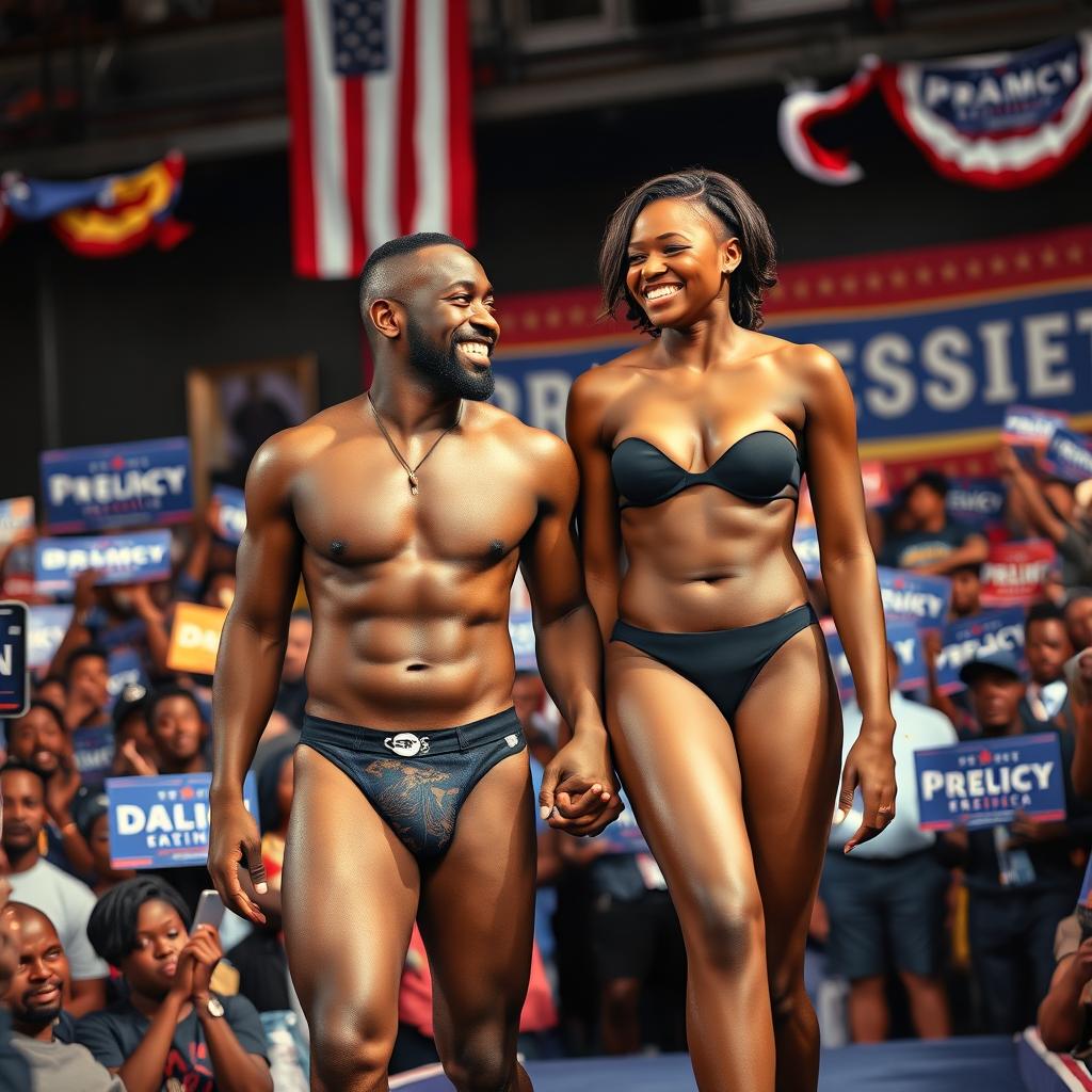 A powerful and liberating scene featuring Alex, a black man, and his beautiful black transgender partner, both standing confidently in their underwear at a vibrant presidential campaign event