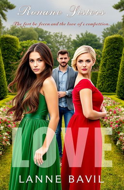 A compelling book cover for a romance-family novel depicting a rivalry between two sisters and the man who becomes the center of their competition