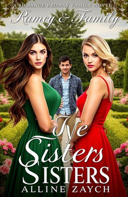 A compelling book cover for a romance-family novel depicting a rivalry between two sisters and the man who becomes the center of their competition