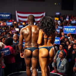 A striking scene depicting Alex, a black man, and his beautiful black transgender partner, both standing confidently in their underwear with their backs facing the audience at a vibrant presidential campaign event