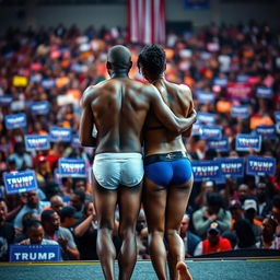 A striking scene depicting Alex, a black man, and his beautiful black transgender partner, both standing confidently in their underwear with their backs facing the audience at a vibrant presidential campaign event