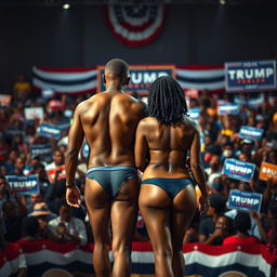 A striking scene depicting Alex, a black man, and his beautiful black transgender partner, both standing confidently in their underwear with their backs facing the audience at a vibrant presidential campaign event