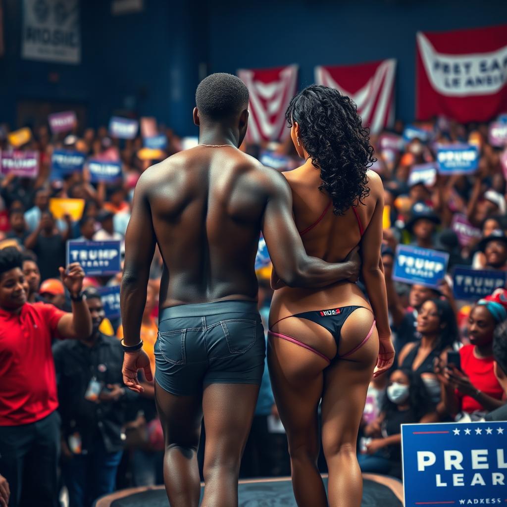 A striking scene depicting Alex, a black man, and his beautiful black transgender partner, both standing confidently in their underwear with their backs facing the audience at a vibrant presidential campaign event