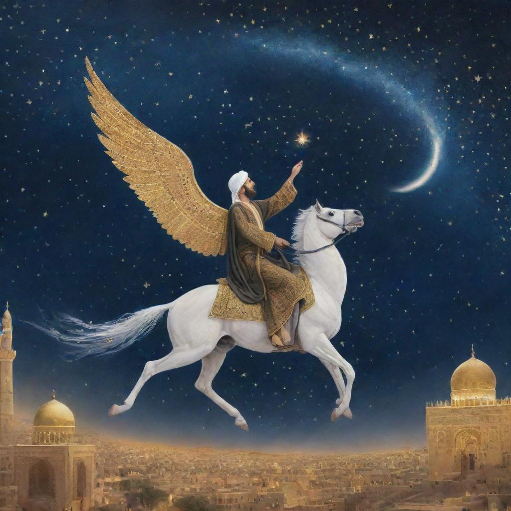 A beautiful depiction of the Isra Mi'raj, illustrating a night sky filled with stars. The Prophet Muhammad is ascending on a winged, white steed, Buraq, towards the heavenly realms filled with radiant light, emphasizing spiritual significance.