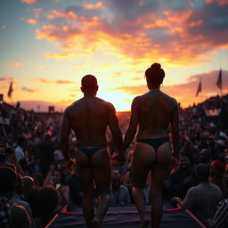 A captivating scene depicting Alex, a black man, and his elegant black transgender partner, both standing confidently in their underwear with their backs facing the audience as they walk away into the sunset
