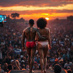 A captivating scene depicting Alex, a black man, and his elegant black transgender partner, both standing confidently in their underwear with their backs facing the audience as they walk away into the sunset