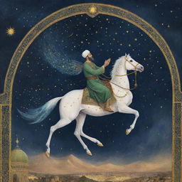 A beautiful depiction of the Isra Mi'raj, illustrating a night sky filled with stars. The Prophet Muhammad is ascending on a winged, white steed, Buraq, towards the heavenly realms filled with radiant light, emphasizing spiritual significance.