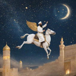 A beautiful depiction of the Isra Mi'raj, illustrating a night sky filled with stars. The Prophet Muhammad is ascending on a winged, white steed, Buraq, towards the heavenly realms filled with radiant light, emphasizing spiritual significance.