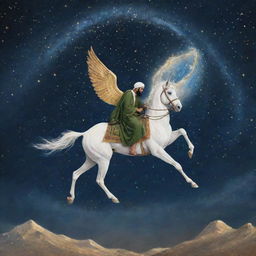 A beautiful depiction of the Isra Mi'raj, illustrating a night sky filled with stars. The Prophet Muhammad is ascending on a winged, white steed, Buraq, towards the heavenly realms filled with radiant light, emphasizing spiritual significance.