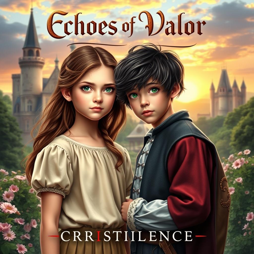 A captivating book cover for 'Echoes of Valor' by Crestilence, featuring a young girl with long flowing hair, dressed in modern attire, standing in a lush, historical French landscape