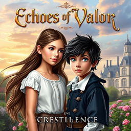A captivating book cover for 'Echoes of Valor' by Crestilence, featuring a young girl with long flowing hair, dressed in modern attire, standing in a lush, historical French landscape