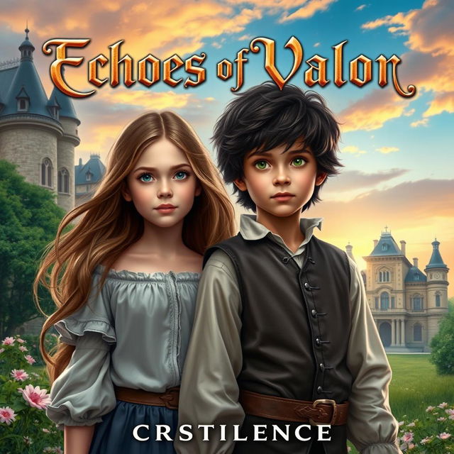 A captivating book cover for 'Echoes of Valor' by Crestilence, featuring a young girl with long flowing hair, dressed in modern attire, standing in a lush, historical French landscape