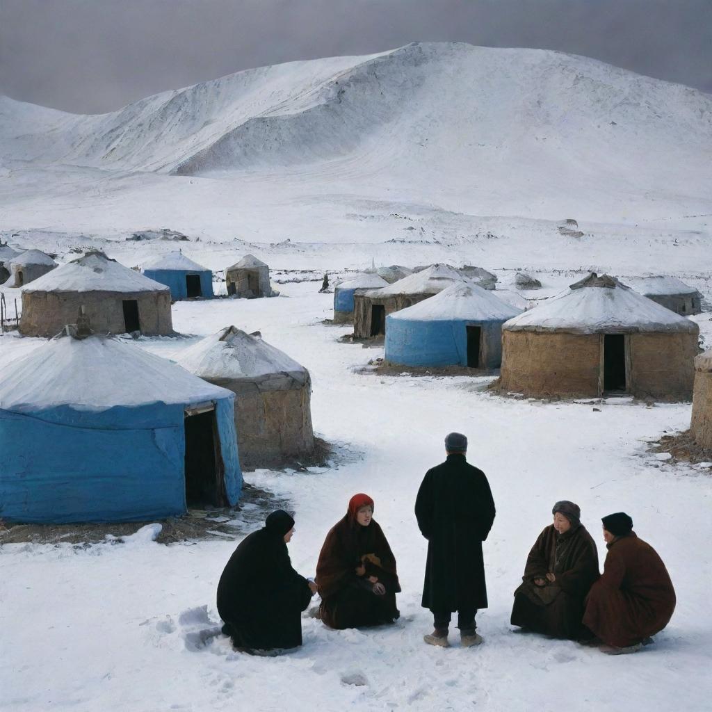 An evocative scene in 1931, in the ruined Kazakh village of Azgantay during winter. The residents, alongside their yurts, congregating with Sultanbek, son of Shalak, who was proclaimed as their Khan. Illustrate using dark colours to reflect the melancholic atmosphere.